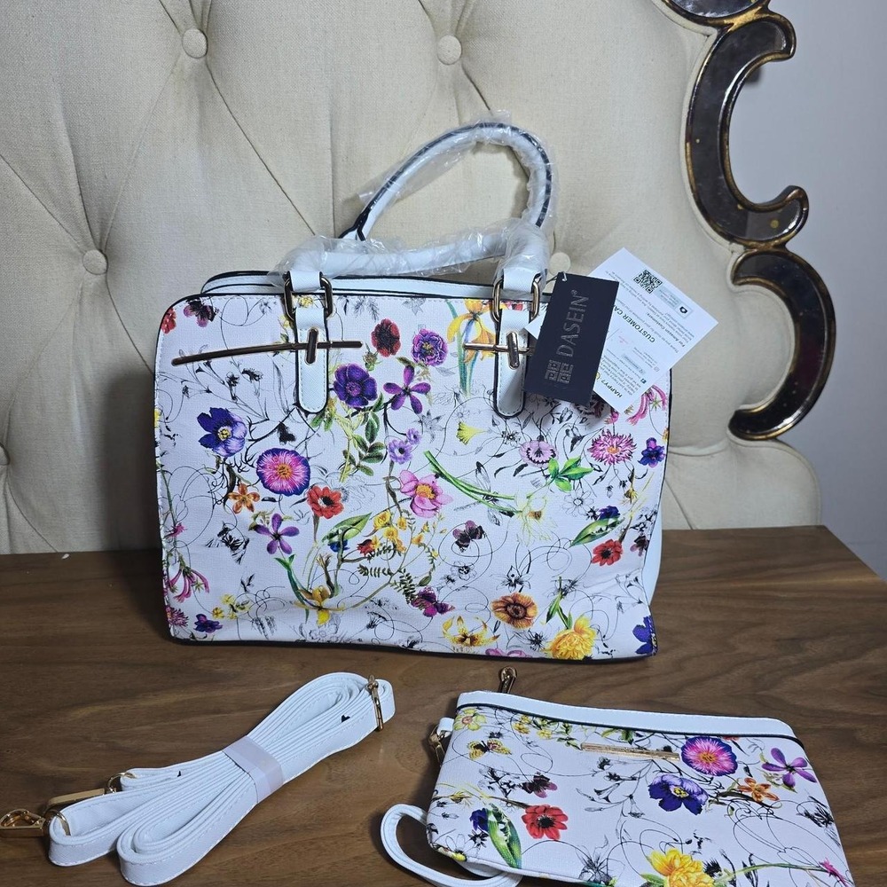 Dasein white floral print handbag with purple, pink, and yellow flowers